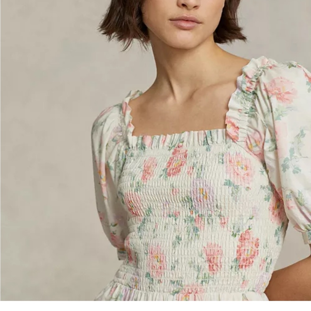 Polo Ralph Lauren Pink Floral Cotton Smocked Midi Dress